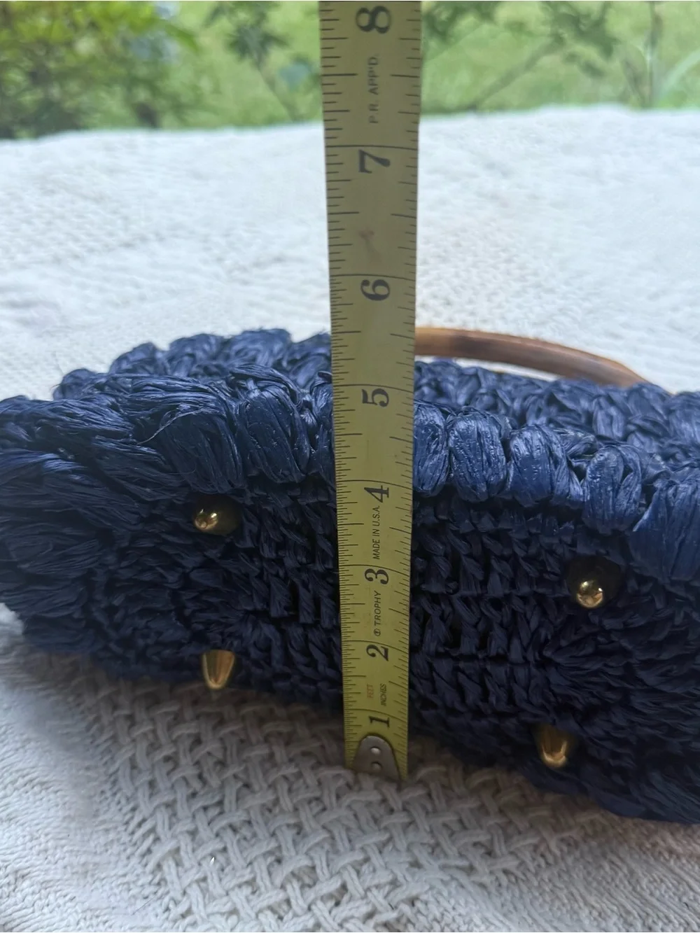 Vintage Blue Raffia Straw Purse Basket Weave Wood Handle Made in Japan Bohemian